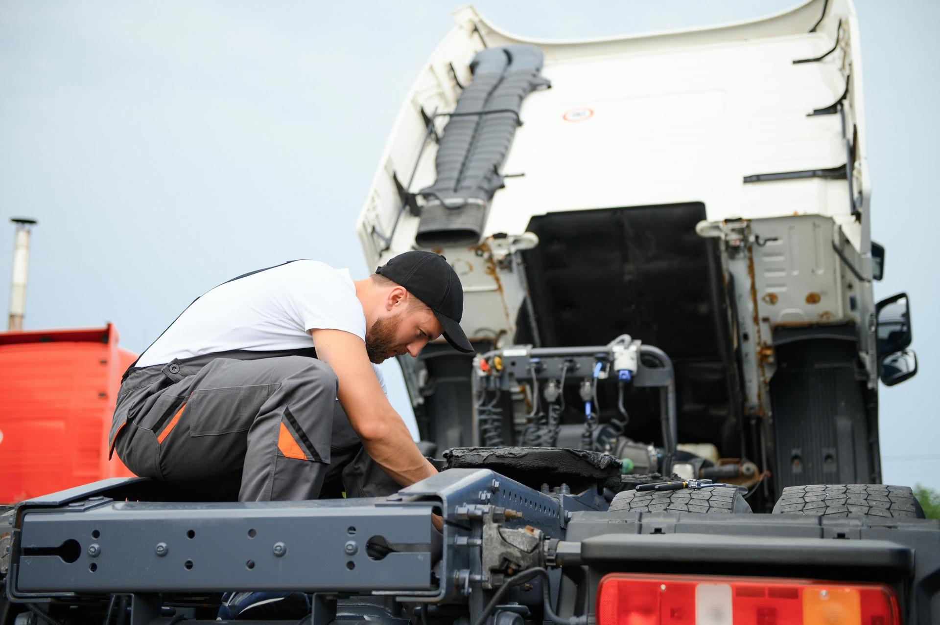 Semi-truck being serviced